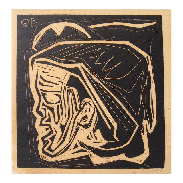 Linear Side Profile 20th Century Linoleum Block Print For Sale