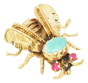 Vintage 14k Yellow Gold Bee Pin With a White Opal and Synthetic Ruby Eyes