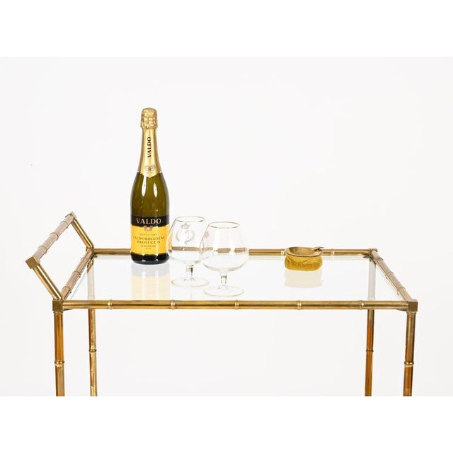 1970s Faux Bamboo Brass and Crystal Serving Bar Cart from Maison Jansen, 1970s For Sale - Image 5 of 11