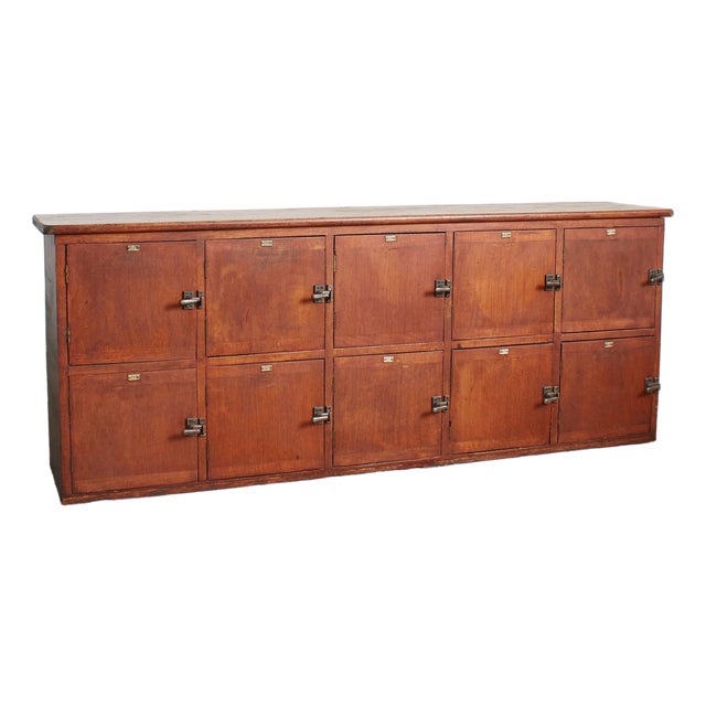 Vintage Bank of School Gym Wooden Storage Locker Sideboard, 1950s For Sale
