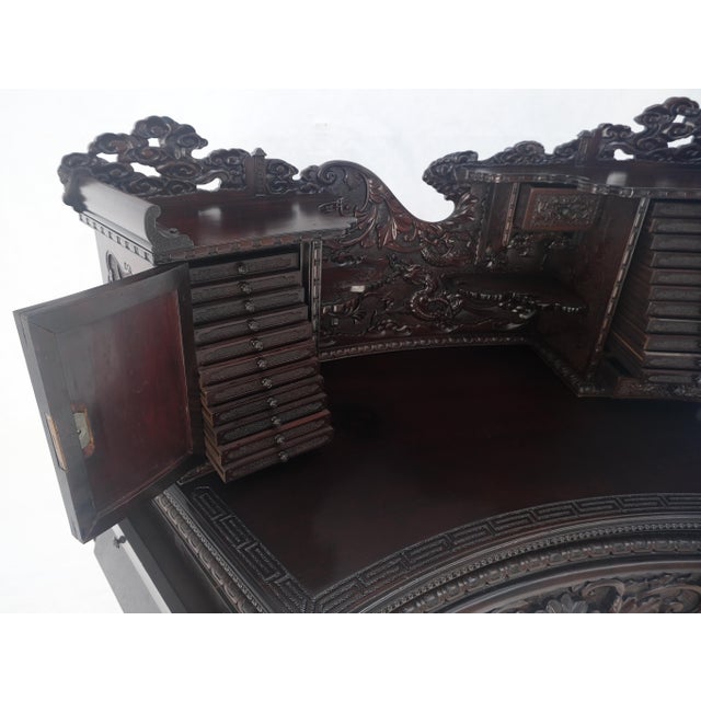 Japanese Very Fine Heavily Carved Solid Mahogany Japanese Curved Desk Multiple Drawers For Sale - Image 3 of 12