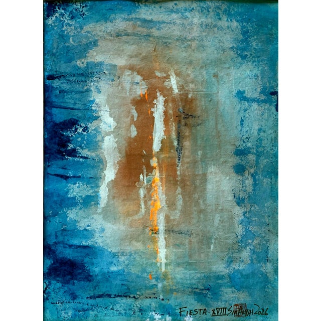 Abstract Expressionism Fiesta. XVIII White Framed Abstract Orange / Blue Painting For Sale - Image 3 of 5