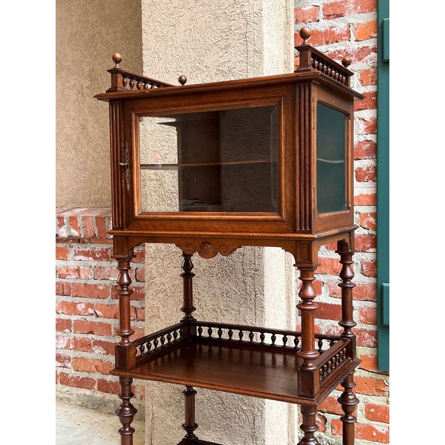 Victorian Antique English Display Cabinet Narrow Bookcase Étagère Glass Walnut C1920 For Sale - Image 3 of 18