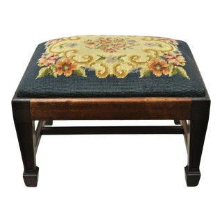 Antique Federal Mahogany Green Needlepoint Small Petite Footstool Ottoman For Sale