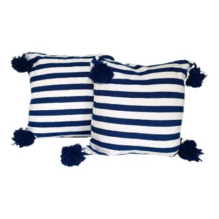 Moroccan Handloomed Pom-Pom Pillows, 19" x 19" - A Pair For Sale