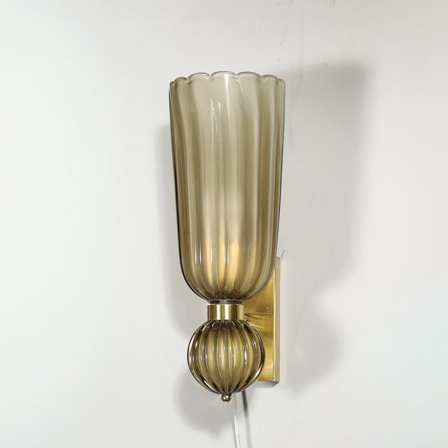 Pair of Modernist Hand-Blown Murano Fluted Glass Sconces in Frosted Smoked Topaz For Sale - Image 13 of 18
