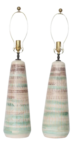 Tall Pair of Mid 20th Century Nancy Wickham Style Sand Pottery Table Lamps with Incised Green Tones