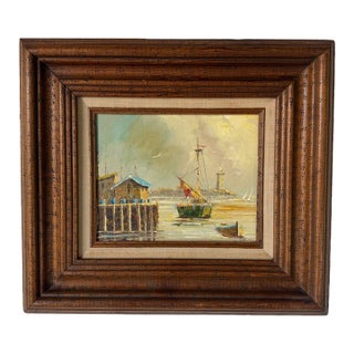 1960s Vintage Coastal Harbor & Lighthouse Oil Painting on Plywood – Framed For Sale