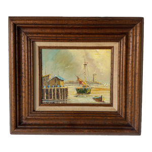 1960s Vintage Coastal Harbor & Lighthouse Oil Painting on Plywood – Framed
