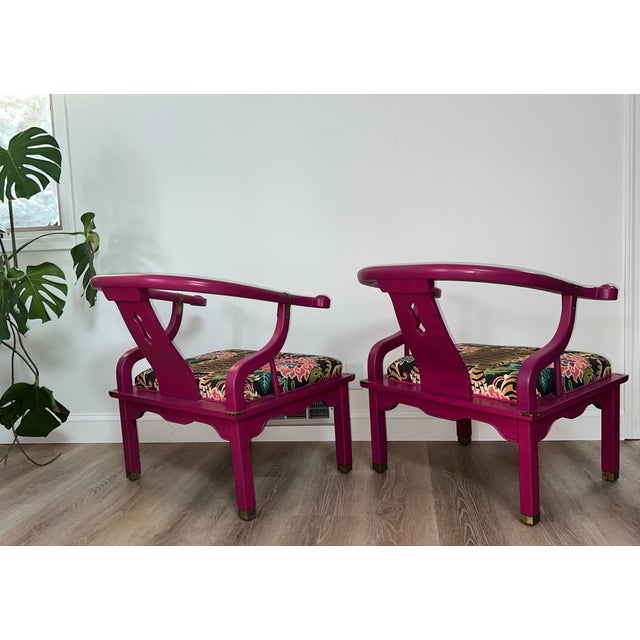 Asian 1960s Pair Asian Occasional Chairs Attributed James Mont Tiger Pattern Fabric For Sale - Image 3 of 7