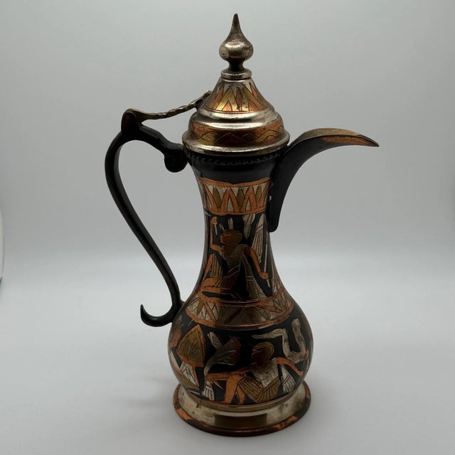 Textile Vintage Egyptian Revival Black Enamel Dallah Ewer – Figural Brass, Mediterranean Bar Decor For Sale - Image 7 of 8