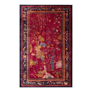1920s Ruby Red Scene Floral Antique Chinese Art Deco Carpet 9' X 14' Knotted Wool Rug For Sale