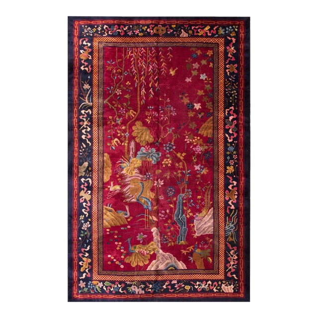 1920s Ruby Red Scene Floral Antique Chinese Art Deco Carpet 9' X 14' Knotted Wool Rug For Sale