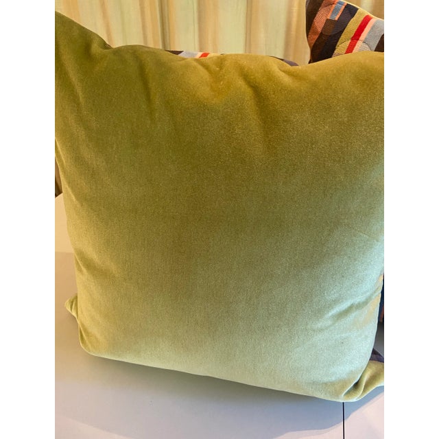 Newly made, never used custom 21” pillows feature a geometric pattern of colorful asymmetric stripes in cotton velvet made...