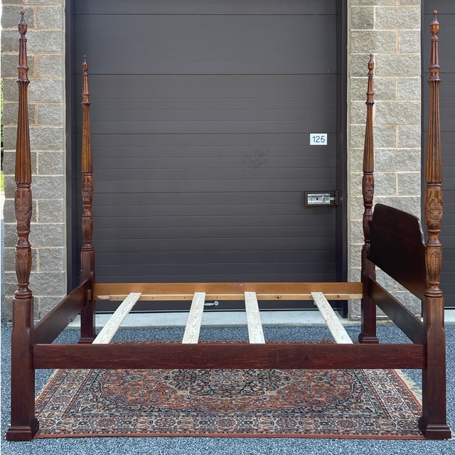 A vintage Crescent Furniture Traditional Mahogany queen sized rice bed complete with rails and slats. American made. Circa...