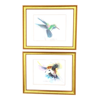 1990s Original Framed Watercolors of Hummingbirds Signed, a Pair For Sale