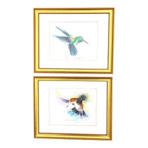 1990s Original Framed Watercolors of Hummingbirds Signed, a Pair