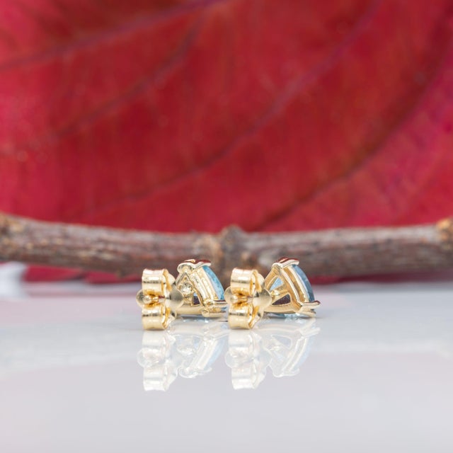 Metal Aquamarine Stud Earrings, 14k Solid Gold, 5mm Trillion Cut March Birthstone, Pair For Sale - Image 7 of 7