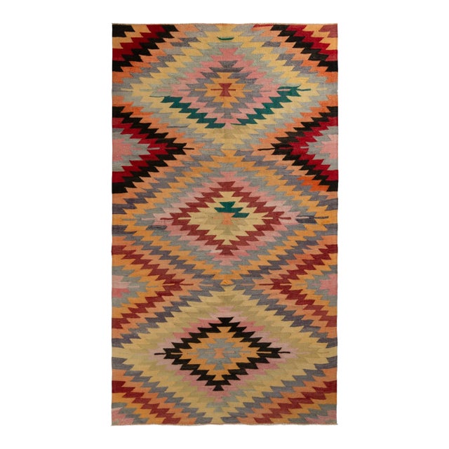 1950s Handwoven Vintage Afyon Kilim Rug in Multicolor All Over Geometric Pattern For Sale