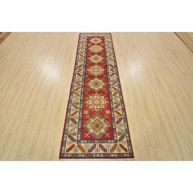 Farmhouse Kazak Runner 2’10” X 9’9” Red Wool Tribal Hand-Knotted Oriental Rug For Sale - Image 3 of 13