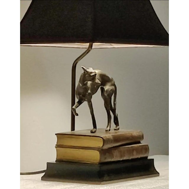 Art Deco Vintage 1980s Bronze Whippet / Greyhound Dog Standing on Stacked Books Lamp For Sale - Image 3 of 12