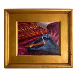 Vintage Cigar Lover's Oil Painting in a Giltwood Frame, Signed For Sale