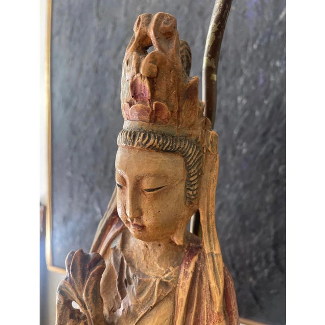 Wood Antique Guanyin Asian Lamp For Sale - Image 7 of 9