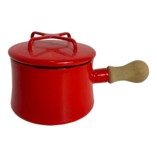 Mid-Century Modern Dansk Kobinstyle Enamelware Red 2 Qt Sauce Pan With Lid & Wooden Handle For Sale