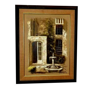 New Orleans Listed Artist Eugene Daymude "Little Theater Patio 1965" Oil Painting on Board For Sale