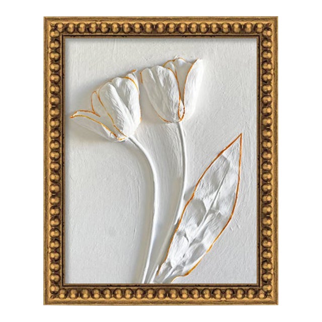 Textured White Floral Relief Art in Gold Frame – 3d Plaster Tulip Botanical Artwork For Sale