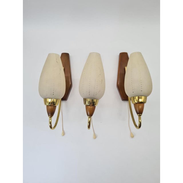 Mid-Century Modern Wall Sconces in Wood and Brass, 1950s-1960s, Set of 3 For Sale - Image 11 of 14