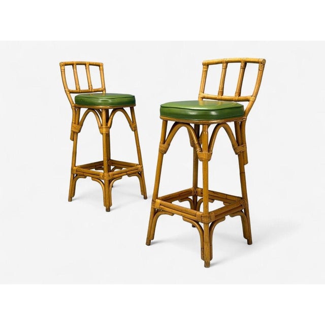 Dutch Modern, Bamboo, Green Leather, Three Barstools, Netherlands, 1970s For Sale In New York - Image 6 of 13