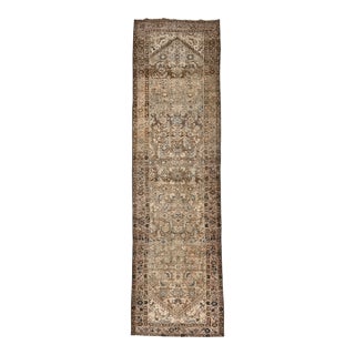 Antique Circa 1920 Light Gray Malayer Hand Knotted Runner 3ft 5in X 12ft 7in For Sale