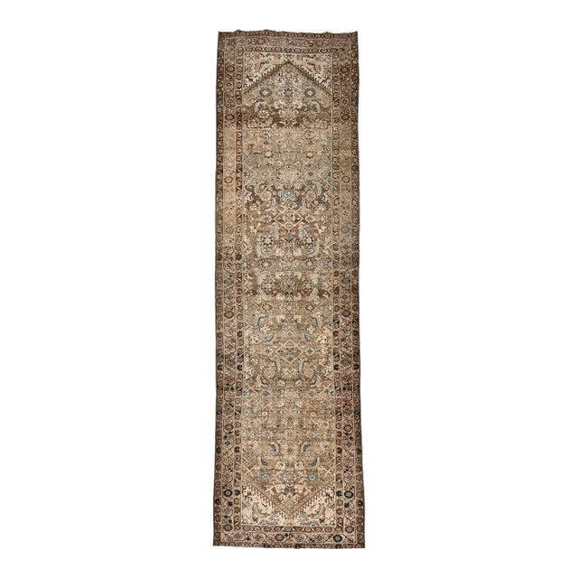 Antique Circa 1920 Light Gray Malayer Hand Knotted Runner 3ft 5in X 12ft 7in For Sale