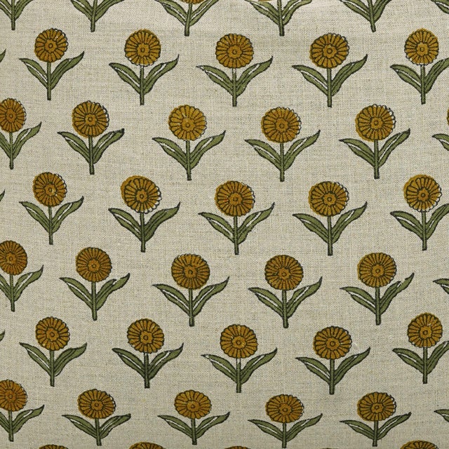 Mustard Fabdivine Handmade Block Print Pure Linen Throw Pillow Covers 24x24inches-Ganda Pushpa Floral Design For Sale - Image 8 of 9