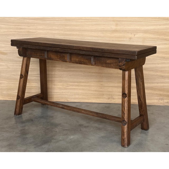20th Century Spanish Console Fold Out Farm Table with Wood Stretcher, 1890s For Sale - Image 3 of 12