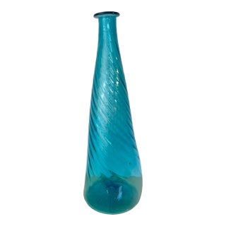 Vintage Hand-Blown Aqua Optic Swirl Art Glass Floor Bottle For Sale