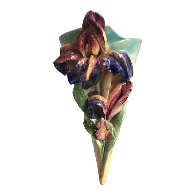 Late 19th Century Longchamp French Majolica Iris Wall Pocket For Sale