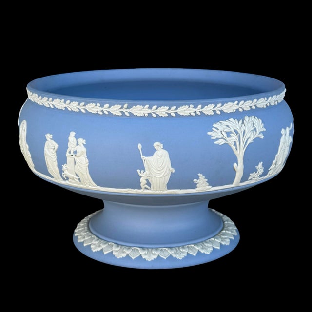 Vintage Wedgwood Neoclassical Blue Jasperware Large Pedestal High-Relief Centerpiece Bowl, Marked For Sale In San Diego - Image 6 of 6