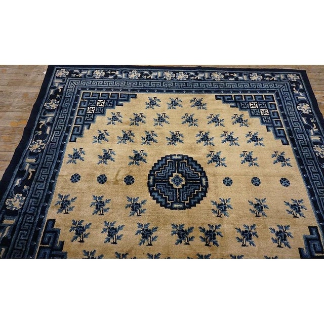 Textile 1920s Beige Medallion Floral Classical Greek Antique Chinese Baotou Square Rug For Sale - Image 7 of 11