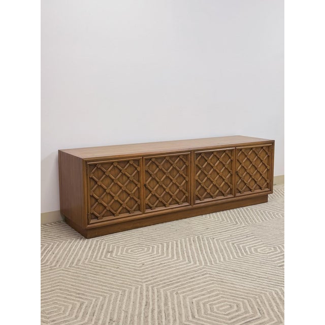 Mid-Century Modern Drexel Collage MCM Low Console Lattice Door Faces Vintage Credenza Finished Back For Sale - Image 3 of 16
