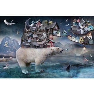 Babel by Marcin Owczarek | Photography on Fine Art Hahnemühle Bear with houses and birds in a surreal landscape For Sale