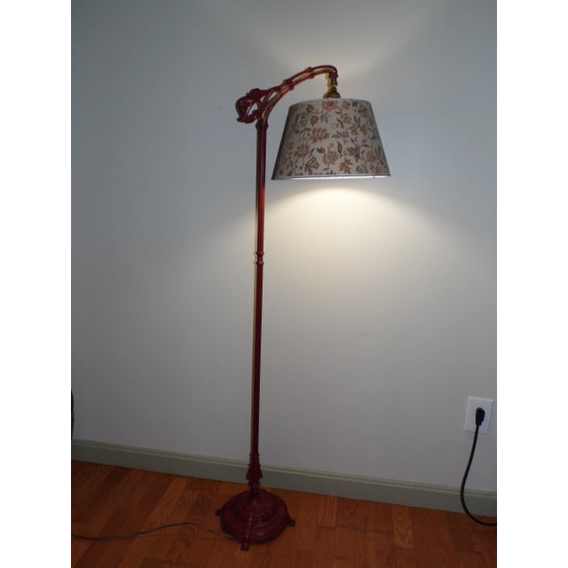 Antique Art Nouveau Cast Iron Bridge Arm Floor Lamp c.1920s. Arched lamp in red with great details and scroll design,...