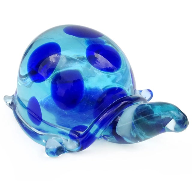 Mid 20th Century Vintage Murano Salviati Glowing Light and Dark Blue Spots Italian Art Glass Abstract Turtle Figure Sculpture For Sale - Image 5 of 10