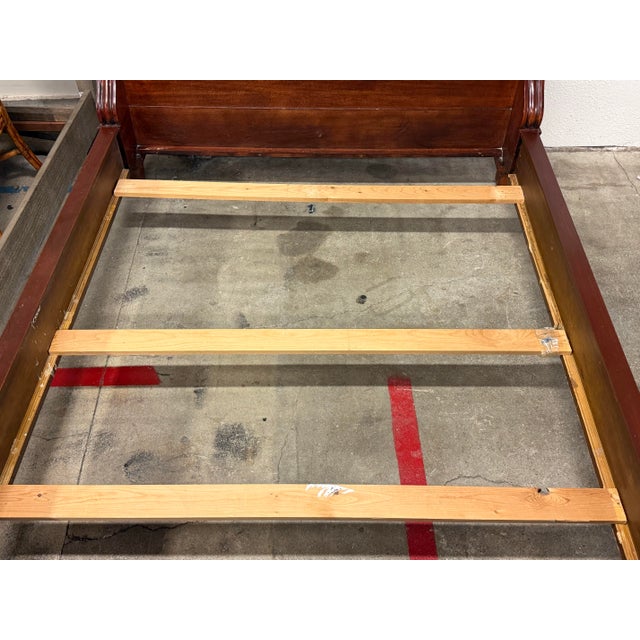 Brown Queen Size Empire Revival Style Carved Mahogany Sleigh Bed Frame For Sale - Image 8 of 12