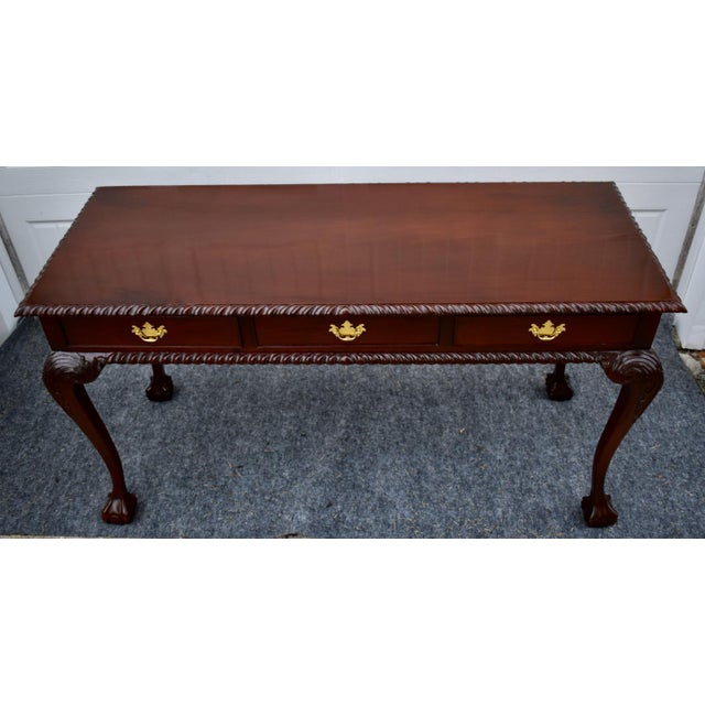 Brown Chippendale Mahogany Writing Console Table Vintage 3 Drawer Ball Claw Foot Sofa For Sale - Image 8 of 15