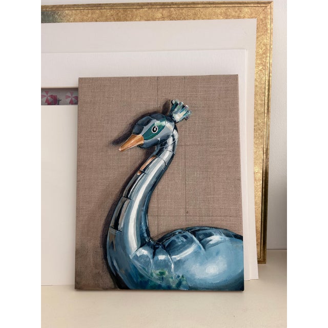 Acrylic painting depicting a female peacock represented as an inflatable figure, rendered in silver and green metallic...