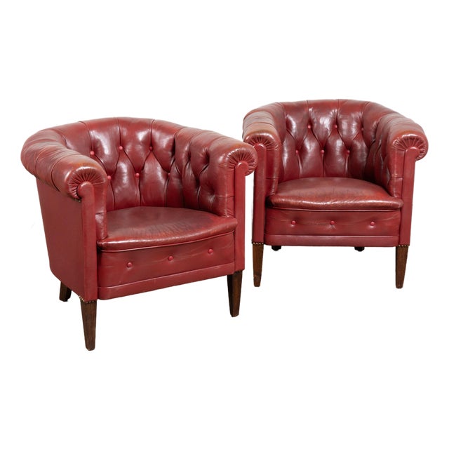 Pair of 20th Century Danish Red Vintage Leather Barrel Back Club Chairs For Sale