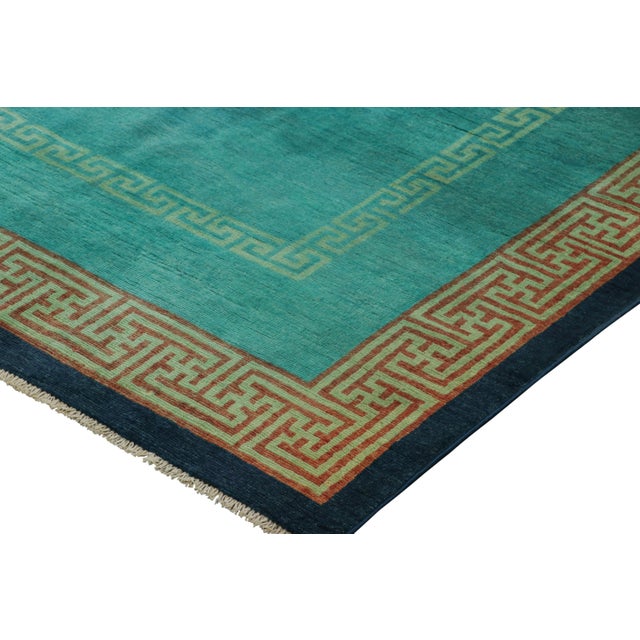 Rug & Kilim’s Art Deco Style Rug, Turquoise Blue Open Field & Greek Key Borders For Sale In New York - Image 6 of 8