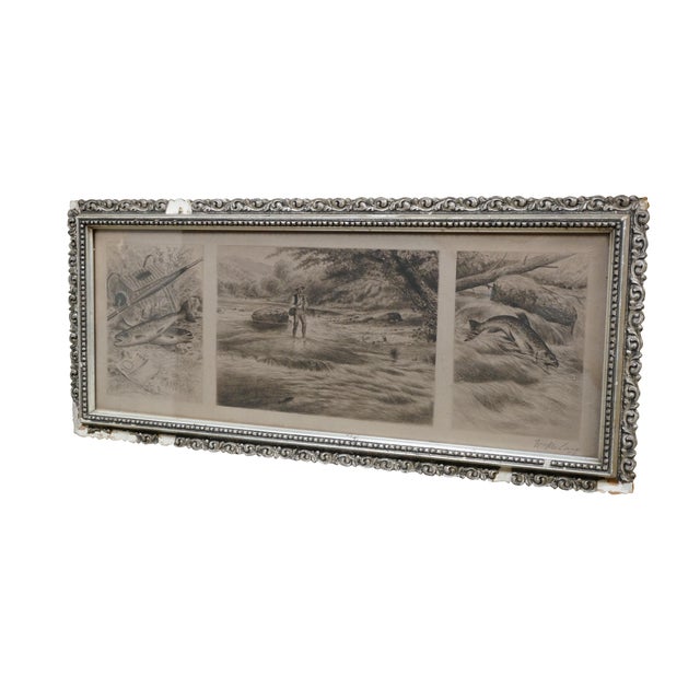 Antique Late 19th century black and white panoramic triptych etching by William de la Montagne Cary. Trio of hunt / fly...